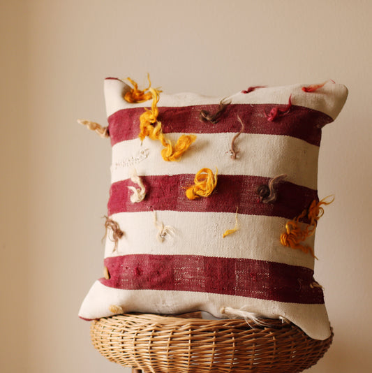 Kilim Pillow | 16x16”, Burgundy Stripe with Yarn Tassels, 109