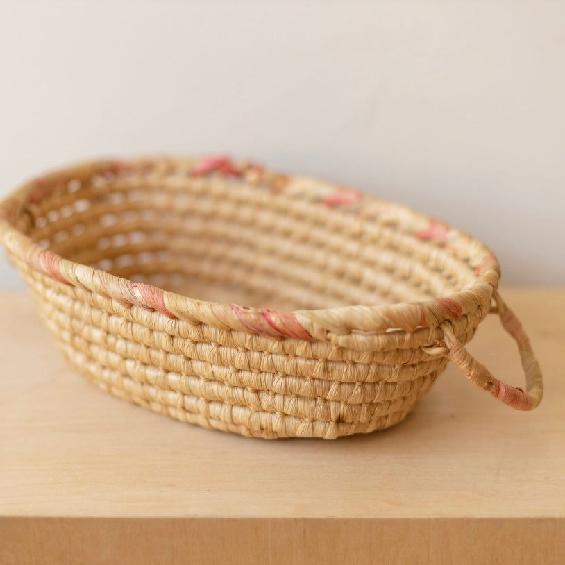 Woven Basket with Handles and Pink Details