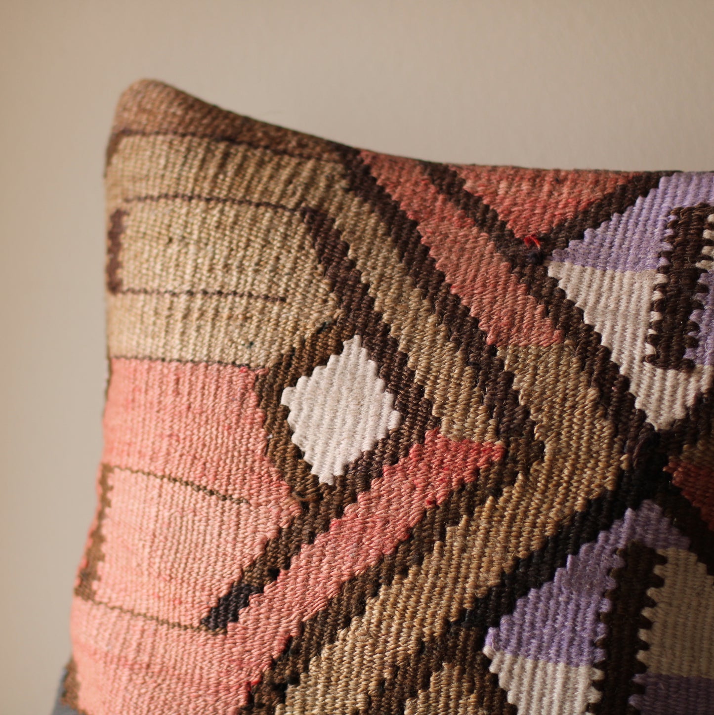 Kilim Pillow | 16x 16”, brown and purple, 080